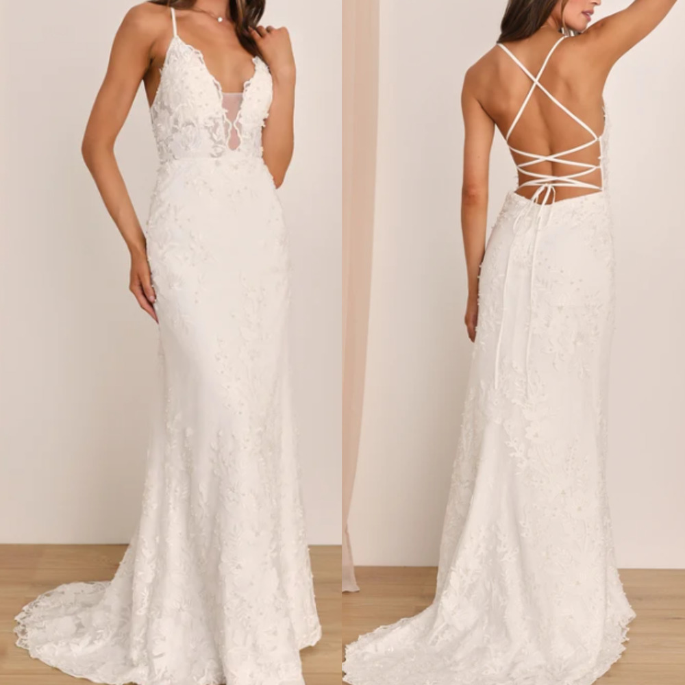 LULU'S SZ 8 Ivory Enchanting Eternity Pearl Lace-Up Backless Maxi…